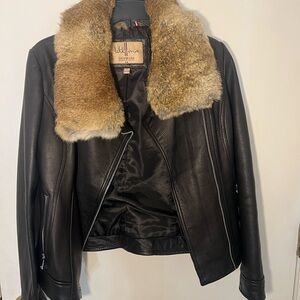 Black Wilsons Leather Moto Jacket with Genuine Rabbit Fur Collar - Size Small